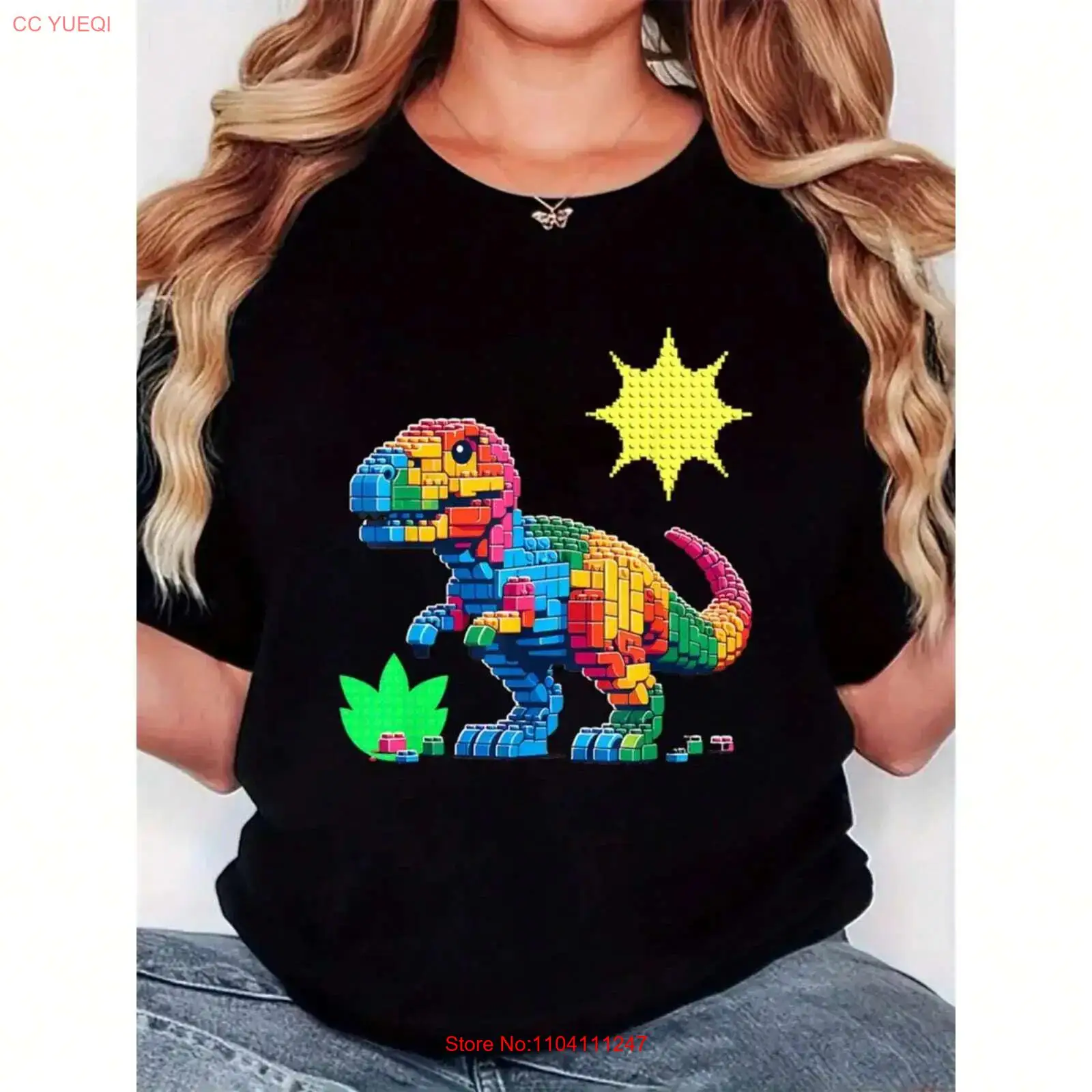 Vintage Fashion Build - Kaos Wanita Motif Dinosaurus Blok Bangunan