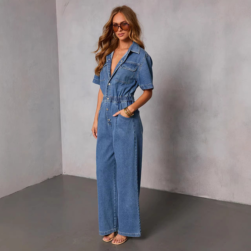Vintage Fashion Trends - Jumpsuit Denim Lengan Pendek Gaya Retro