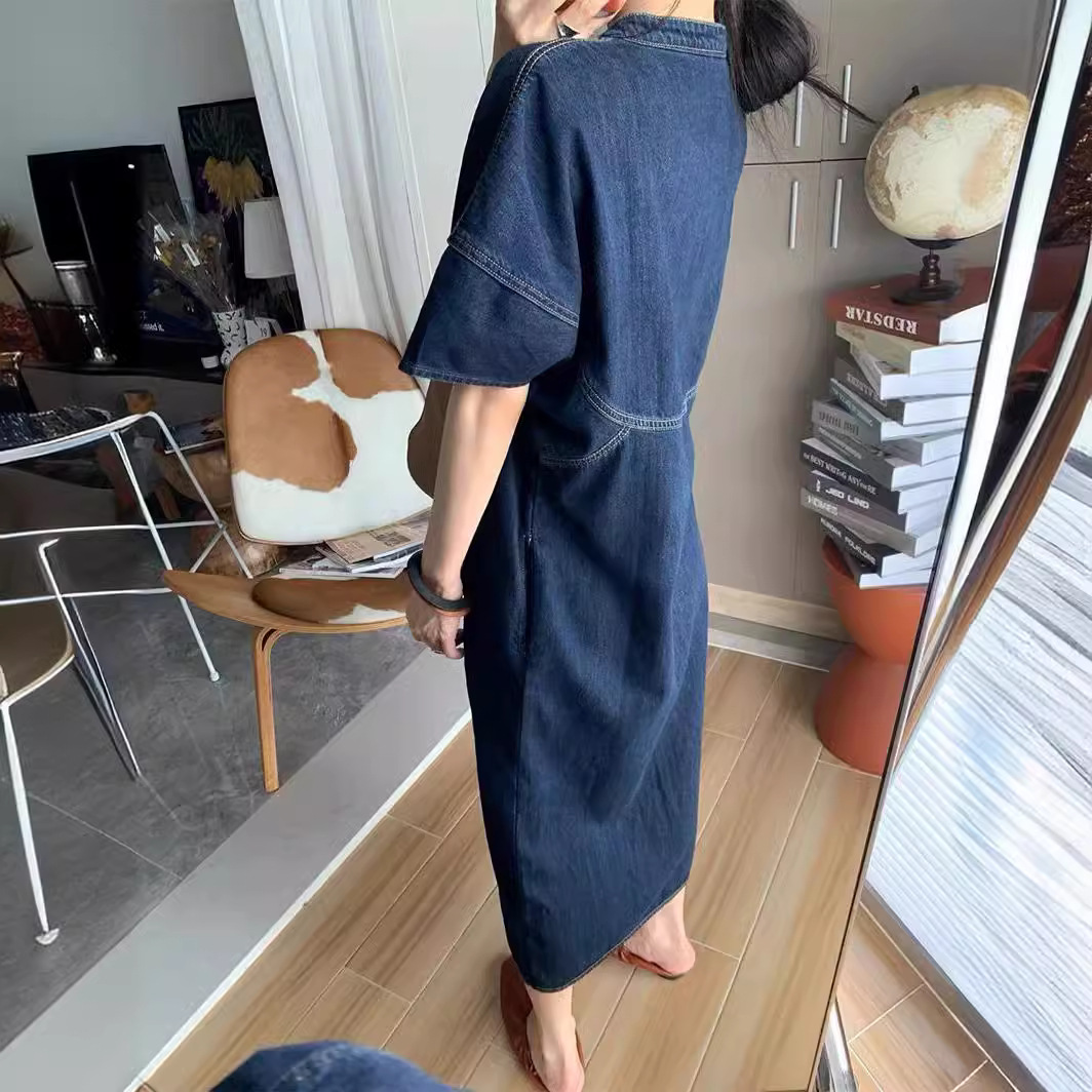 Gaun Denim Panjang Longgar Vin - French Vintage Fashion ulasan dan harga